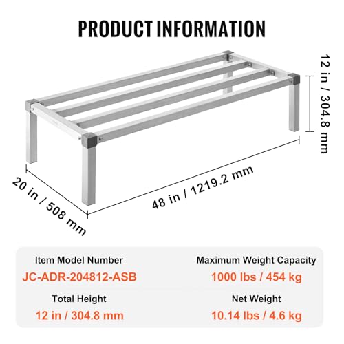 VEVOR Aluminum Dunnage Rack, 48” x 20” Commercial Food Floor Rack, 12” Off The Floor, 1000 lbs Capacity All-Welded Aluminum Storage Rack, for Storage in Restaurants, Kitchens, Garages and Vehicles