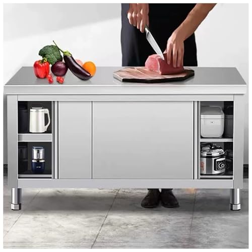 Commercial Stainless Steel Workbench Sturdy Kitchen Prep Table Sliding Door Workbench Storage Cabinet Casework Cabinet Countertop Chopping Table Large Space Metal Table