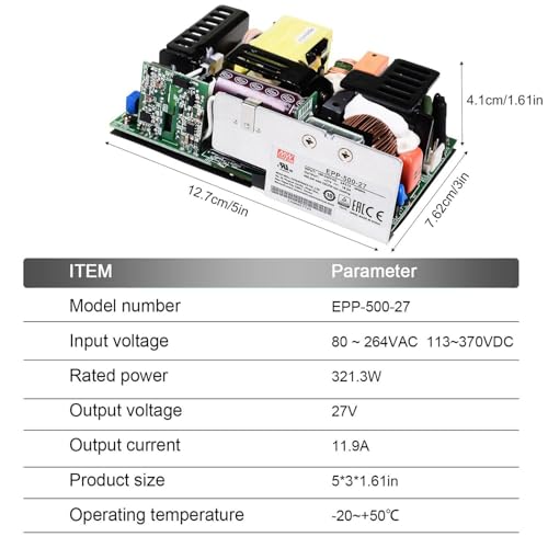 TorqCali EPP-500-27 500W 27V 18.5A Open Frame Power Supply, 80-264VAC, High Efficiency, 5x3 Compact Design, Reliable for Industrial Automation, Robotics, and More