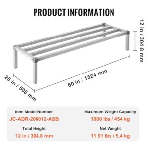 VEVOR Aluminum Dunnage Rack, 60” x 20” Commercial Food Floor Rack, 12” Off The Floor, 1000 lbs Capacity All-Welded Aluminum Storage Rack, for Storage in Restaurants, Kitchens, Garages and Vehicles