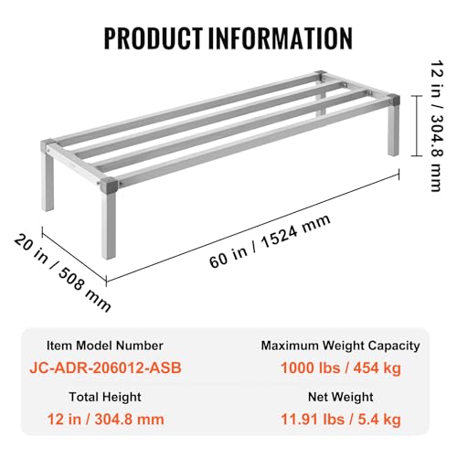 VEVOR Aluminum Dunnage Rack, 60” x 20” Commercial Food Floor Rack, 12” Off The Floor, 1000 lbs Capacity All-Welded Aluminum Storage Rack, for Storage in Restaurants, Kitchens, Garages and Vehicles