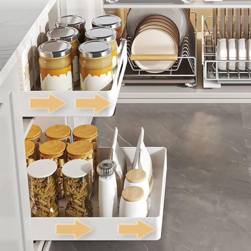 Yjcnelcr Extendable Drawer Easy to Install Sliding Storage Rack No Drilling Condiment Shelf Storage Shelves for Kitchen Cabinet