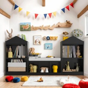 MHOM 68.9“ Kids Bookshelf with Reading Nook, Toy Storage Organizer with Seat Cushion and 7 Storage Cubbies, Wooden Kids Bookcase, Toy Organizers and Storage for Nursery, Playroom, Black