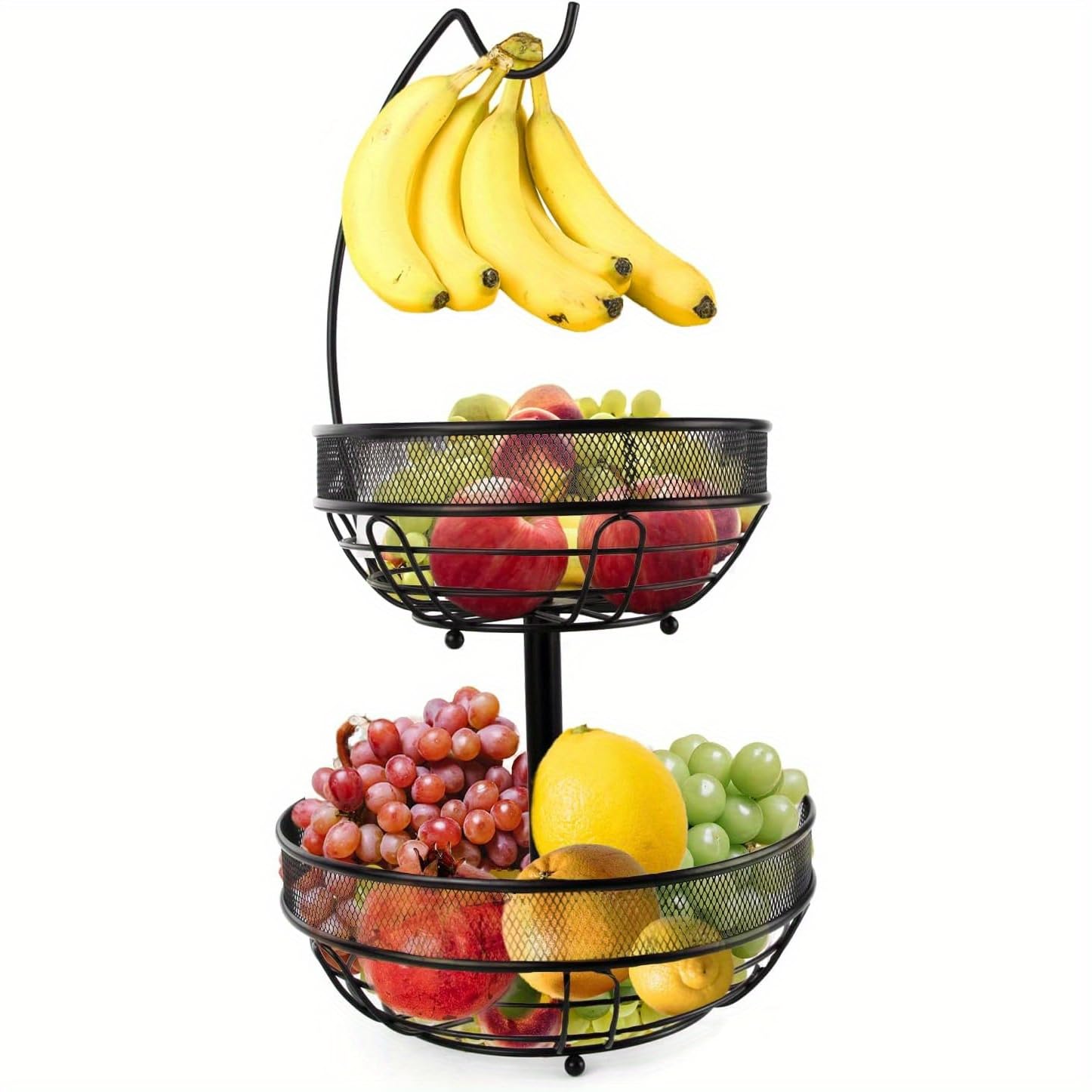 Fruit Basket with Banana Hanger,2-Tier Fruit Basket,Large 2-Tier Fruit Basket for Kitchen,Sturdy Metal Fruit Basket for Kitchen Counter,Elegant Fruit and Vegetable Basket (Black)