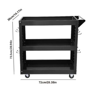 3-Tier Rolling Tool Cart | Mechanic Cart 300 Lbs Capacity | Utility Tool Cart on Wheels | Tool Stand with 4 Swivel Wheels | Heavy Duty Tool Storage Cart for Garage Warehouse Workshop (Black)