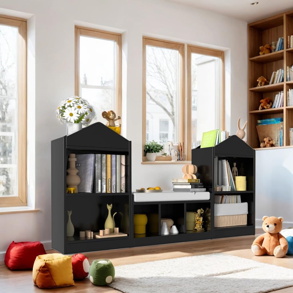 MHOM 68.9“ Kids Bookshelf with Reading Nook, Toy Storage Organizer with Seat Cushion and 7 Storage Cubbies, Wooden Kids Bookcase, Toy Organizers and Storage for Nursery, Playroom, Black