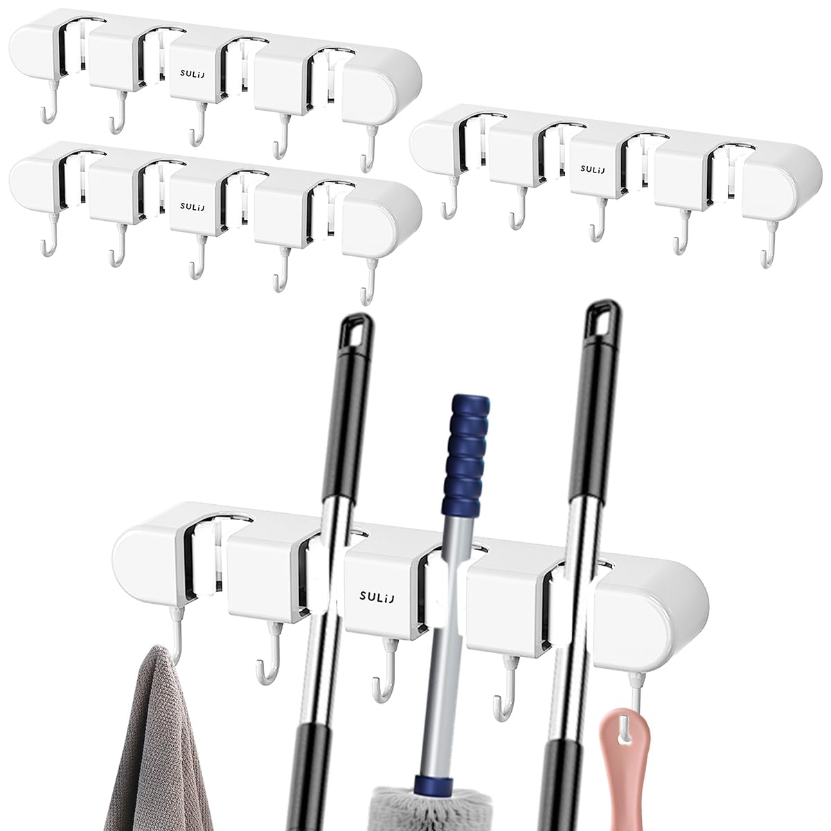 ZLHETWT Broom Holder, Mop Holder, Mop and Broom Organizer, 4Pcs Broom Holder Punch Free Mop Hanger Wall Mounted Mop Holder with 5 Hooks Effective Broom Gripper for Home