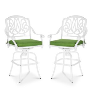 meetwarm 2 piece outdoor patio swivel bar stools, all-weather cast aluminum bar height bistro chairs, outdoor furniture bar dining chair set with cushions for garden deck backyard, white