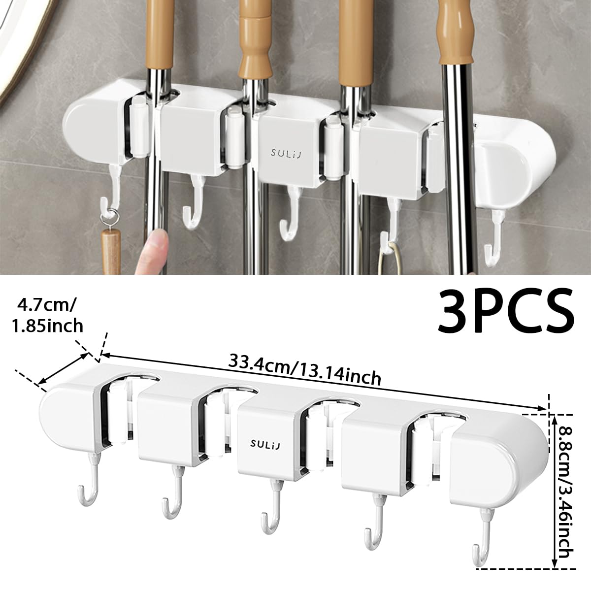 kaimenhong 3Pcs Mop Holder with Hooks, Mop and Broom Organizer, Punch Free Mop and Broom Holder Wall Mount Broom Rack, Broom Hanger for Laundry Room, Garage Organization, Easy to Install