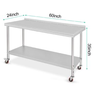 TrailBlaze Stainless Steel Work Table, 60x24x35 In Metal Trolley Heavy Duty Double Tier Worktable With Casters Backsplash, Food Prep Stainless Steel Table for Kitchen Restaurant Commercial Workstation