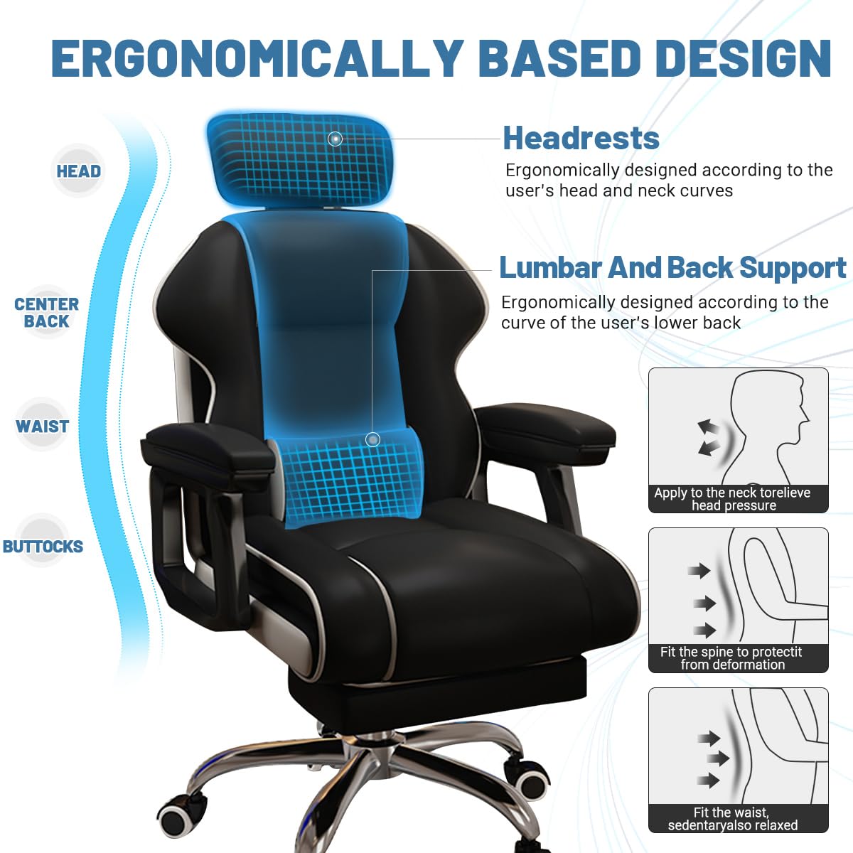 XUEGW Executive Computer Chair Home Office Desk Chair,Adjustable Angle, Ergonomic Adjustable Height PU Leather Chairs with Cushions Armrest for Long Time Seating-High Office Chair with Footrest