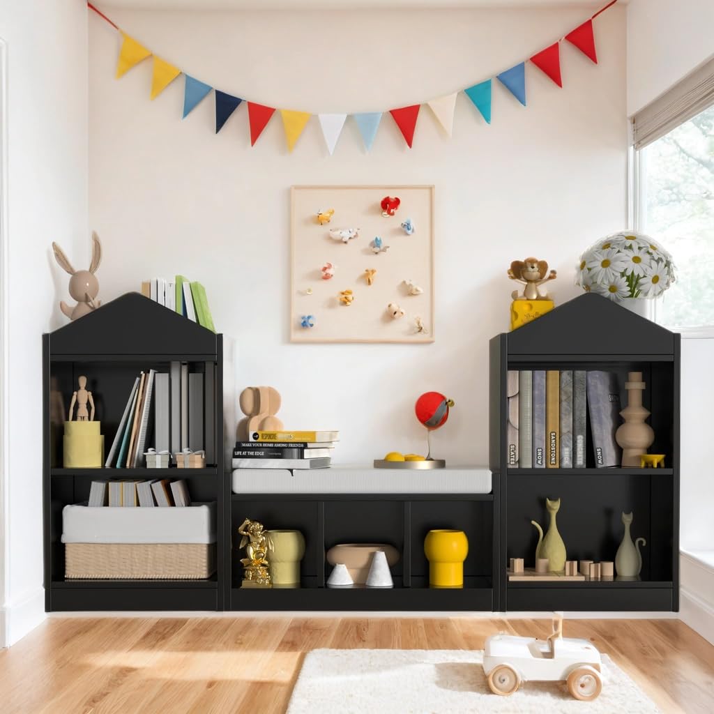 MHOM 68.9“ Kids Bookshelf with Reading Nook, Toy Storage Organizer with Seat Cushion and 7 Storage Cubbies, Wooden Kids Bookcase, Toy Organizers and Storage for Nursery, Playroom, Black