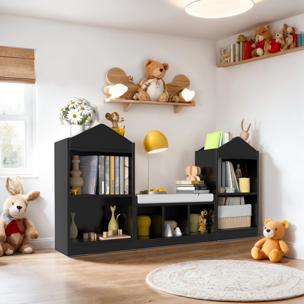 MHOM 68.9“ Kids Bookshelf with Reading Nook, Toy Storage Organizer with Seat Cushion and 7 Storage Cubbies, Wooden Kids Bookcase, Toy Organizers and Storage for Nursery, Playroom, Black