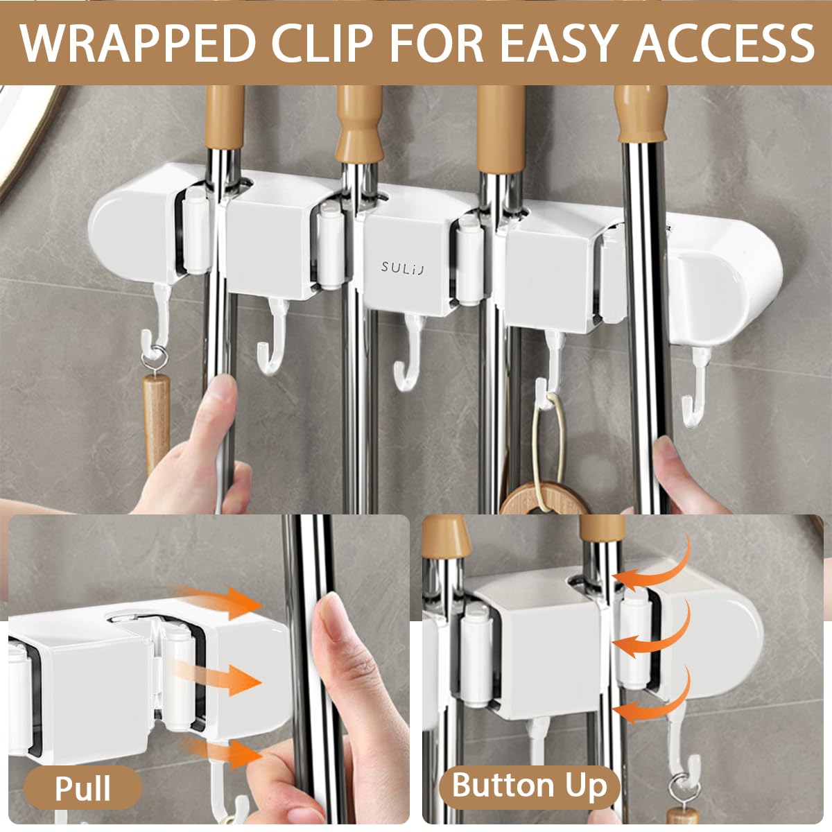 kaimenhong 3Pcs Mop Holder with Hooks, Mop and Broom Organizer, Punch Free Mop and Broom Holder Wall Mount Broom Rack, Broom Hanger for Laundry Room, Garage Organization, Easy to Install