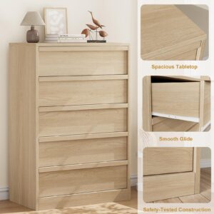 GarveeHome 5 Drawer Dresser for Bedroom, Modern 5 Chest of Drawers Tall with Spacious Storage, Freestanding Dresser Organizer for Bedroom, Living Room, Natural Oak