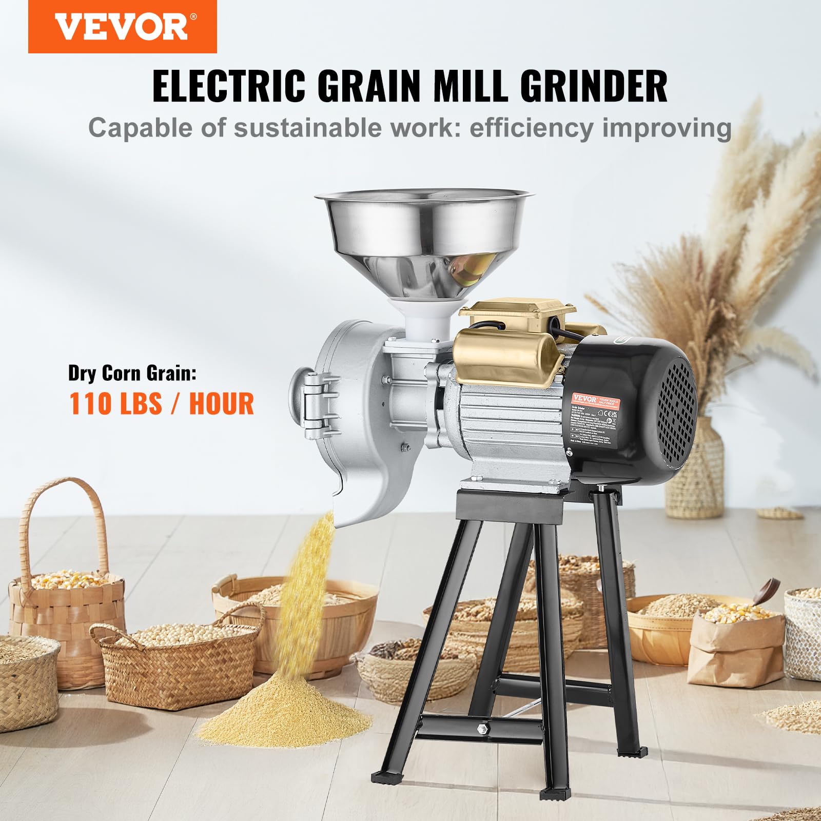 VEVOR Electric Grain Mill Grinder, 3000W Spice Grinders, Commercial Corn Mill with Funnel, Thickness Adjustable Powder Machine, Heavy Duty Feed Flour Cereal Mill Wheat Grinders, Dry & Wet Grinder