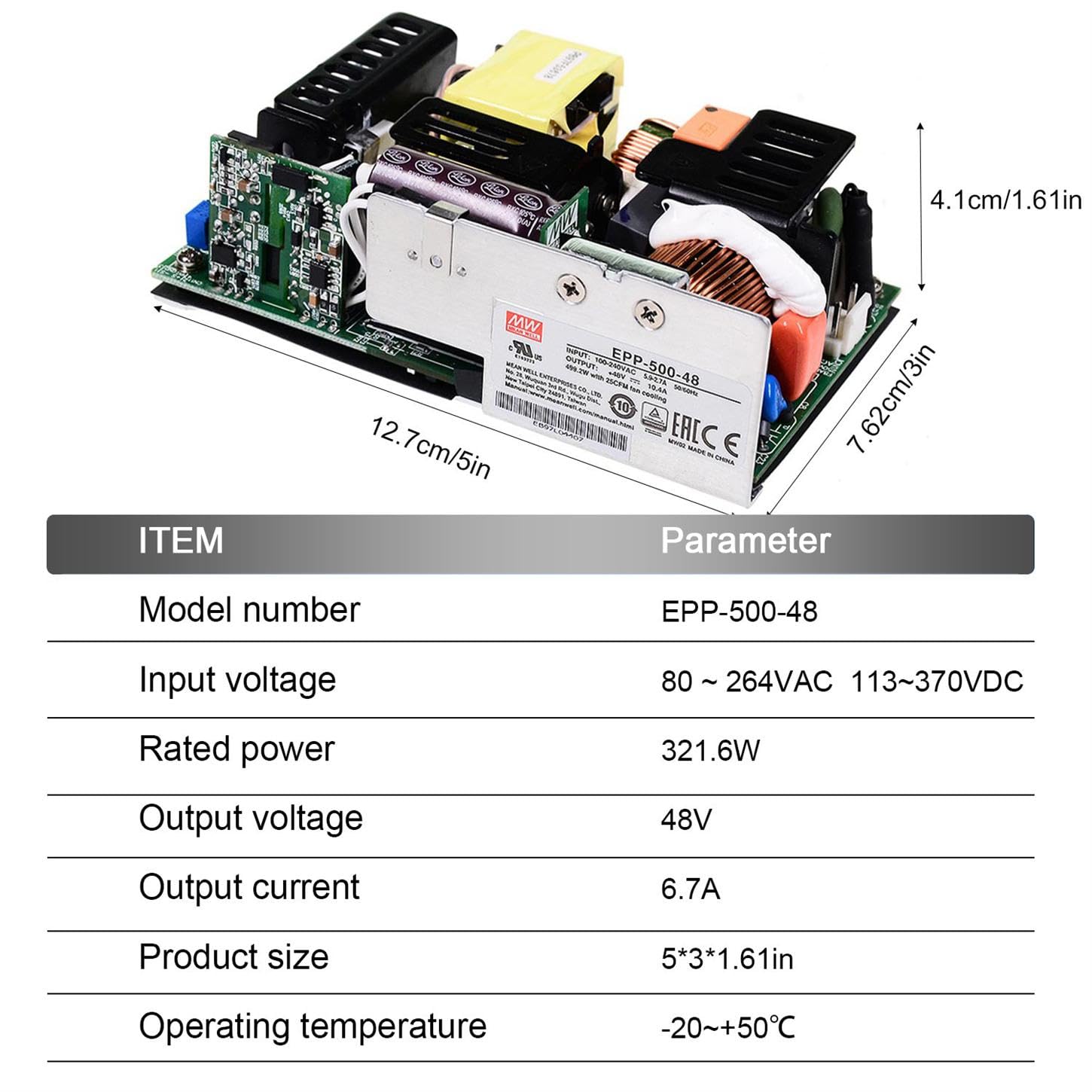 TorqCali EPP-500-48 500W 48V Open Frame Power Supply, Constant Voltage, 5"x3", Green, Industrial Grade, for Telecom Equipment, Industrial Automation, LED Lighting