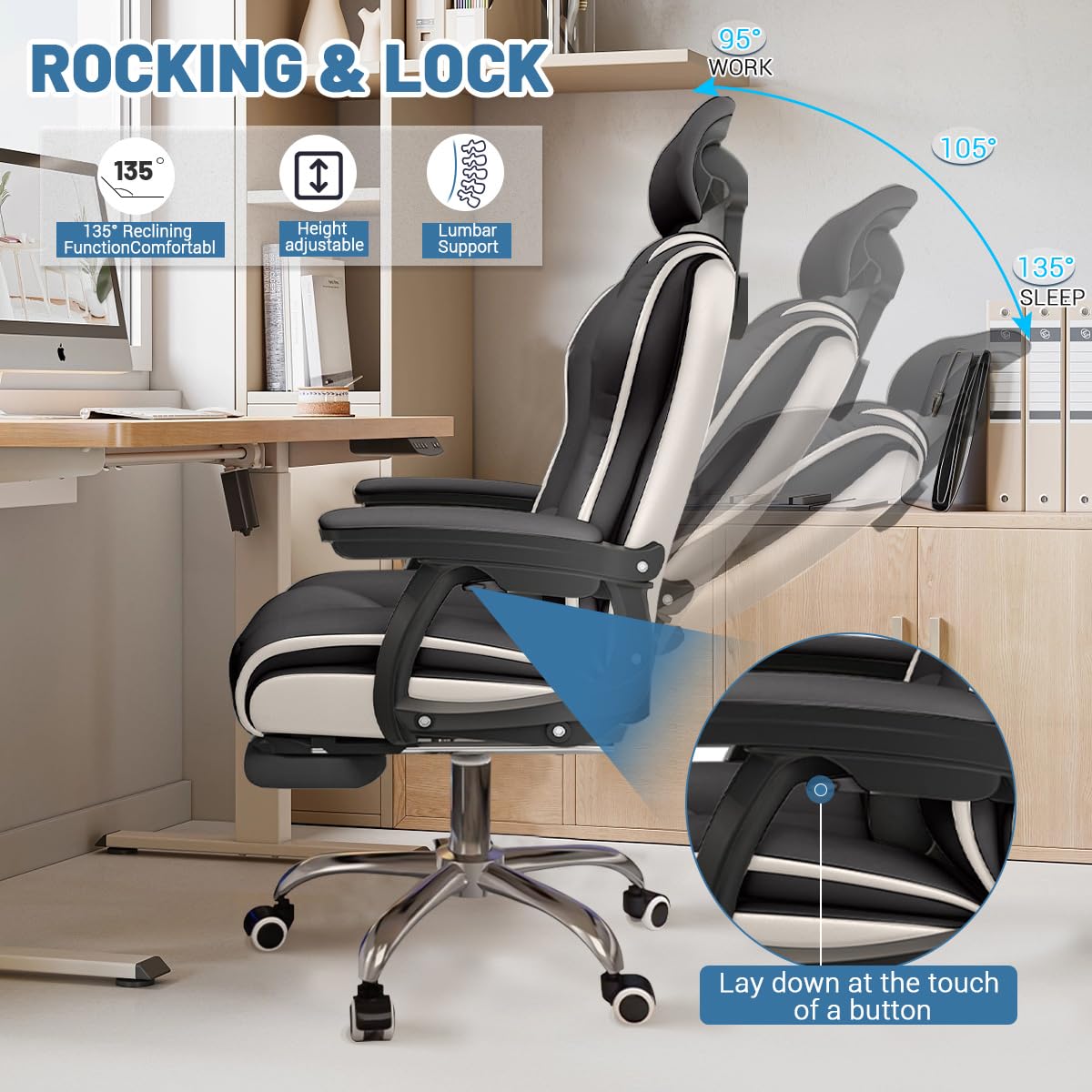 XUEGW Executive Computer Chair Home Office Desk Chair,Adjustable Angle, Ergonomic Adjustable Height PU Leather Chairs with Cushions Armrest for Long Time Seating-High Office Chair with Footrest