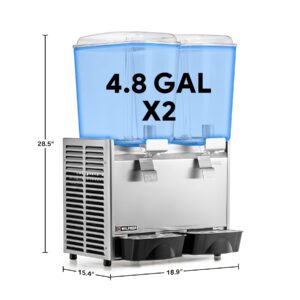 WILPREP Commercial Beverage Dispenser, 18L x 2 Tanks 9.6 Gallon Refrigerated Juice Dispenser with Thermostat Controller, Food Grade Stainless Steel 550W Iced Beverage Dispenser, ETL & ETL Sanitation