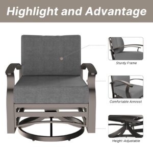 Gotland 5 Piece Patio Outdoor Aluminum Metal Swivel Rocking Chair with 2 Footstools, 1 Coffee Table and 2 Grey Padded Cushions Outdoor Metal Swivel Rocking Chair Furniture Conversation Set for Garden