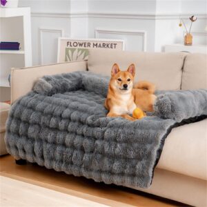 FUNNYFUZZY Calming Dog Bed, Fluffy Fuzzy Dog Mat for Sofa Protector with Removable Washable Cover for Dogs and Cats (Grey,47.24 * 37.4 * 6.3 in)