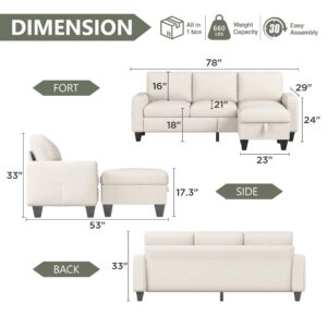 Convertible Sectional Sofa Couch, 78 inch Beige Couches for Living Room, Sectional Couch with Reversible Storage Ottoman, 3-Seat L-Shaped Couch for Living Room, Apartment, Office, Small Space