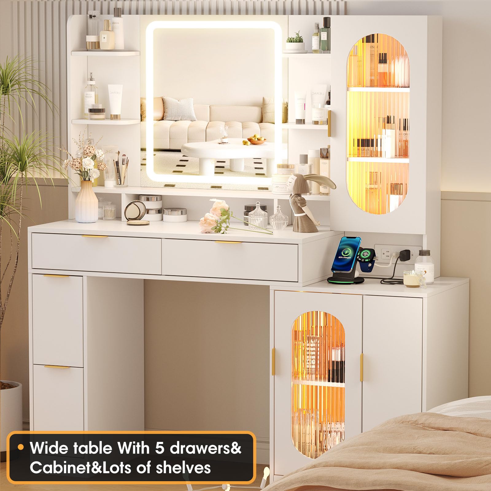 Vabches Vanity Desk with Lighted Mirror & Power Strip,Makeup Vanity with 5 Drawers & 6 Storage Shelves,White Vanity Table with RGB Glass Cabinet,46.6" W Large Dressing Table for Bedroom