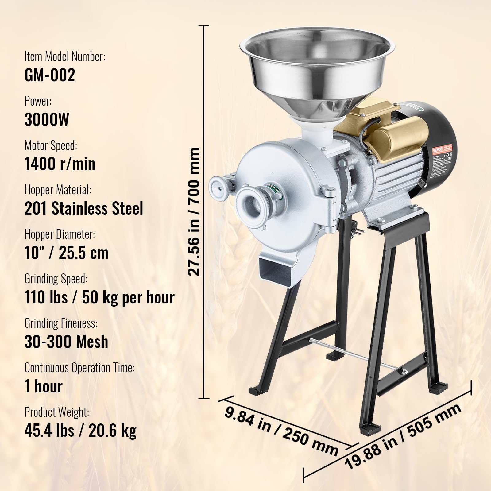 VEVOR Electric Grain Mill Grinder, 3000W Spice Grinders, Commercial Corn Mill with Funnel, Thickness Adjustable Powder Machine, Heavy Duty Feed Flour Cereal Mill Wheat Grinders, Dry & Wet Grinder