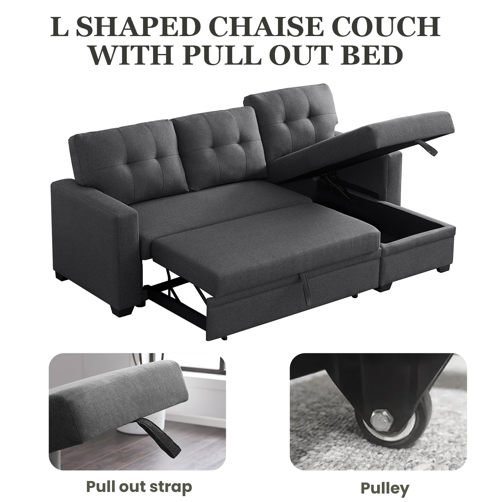 Yafylly L Shape Sleeper Sofa Bed with Storage, Large Full Size Pull Out Sectional Couch, Futon Chaise Lounge Recliner for Living Room, Apartment, Bedroom, Office