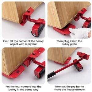 Furniture Lift Tool Kit with Adjustable Height Lift Tool Bar and 4 Wheels, Furniture Lifter CartFurniture Lifter Mobile Slider for Moving Heavy Furniture (Red)