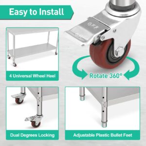 TrailBlaze Stainless Steel Work Table, 60x24x35 In Metal Trolley Heavy Duty Double Tier Worktable With Casters Backsplash, Food Prep Stainless Steel Table for Kitchen Restaurant Commercial Workstation