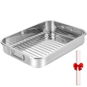 stainless steel roaster with flat rack & parchment paper, 16.2 x 12.2 x 3 inches - ideal roasting pan for whole turkey, roasts, or multiple sides