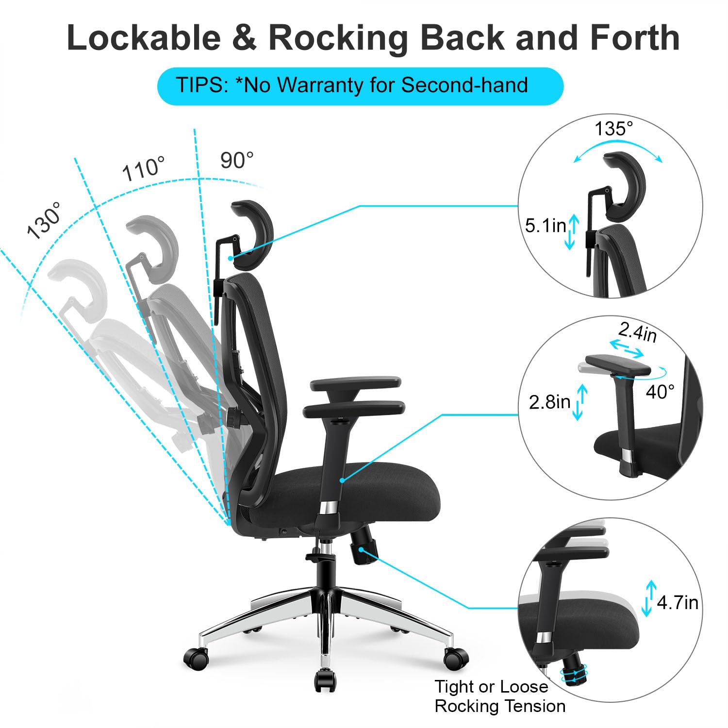 Ticova Ergonomic Office Chair - High Back Desk Chair with Adjustable Lumbar Support, Headrest & 3D Armrest - 130°Rocking Mesh Computer Chair