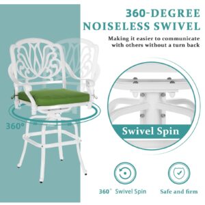 MEETWARM 2 Piece Outdoor Patio Swivel Bar Stools, All-Weather Cast Aluminum Bar Height Bistro Chairs, Outdoor Furniture Bar Dining Chair Set with Cushions for Garden Deck Backyard, White