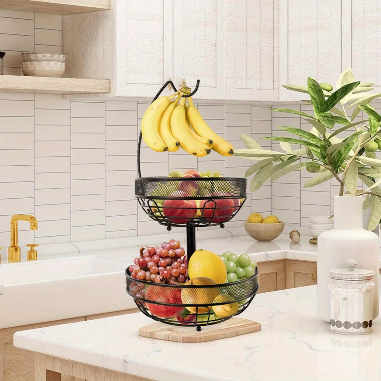 Fruit Basket with Banana Hanger,2-Tier Fruit Basket,Large 2-Tier Fruit Basket for Kitchen,Sturdy Metal Fruit Basket for Kitchen Counter,Elegant Fruit and Vegetable Basket (Black)