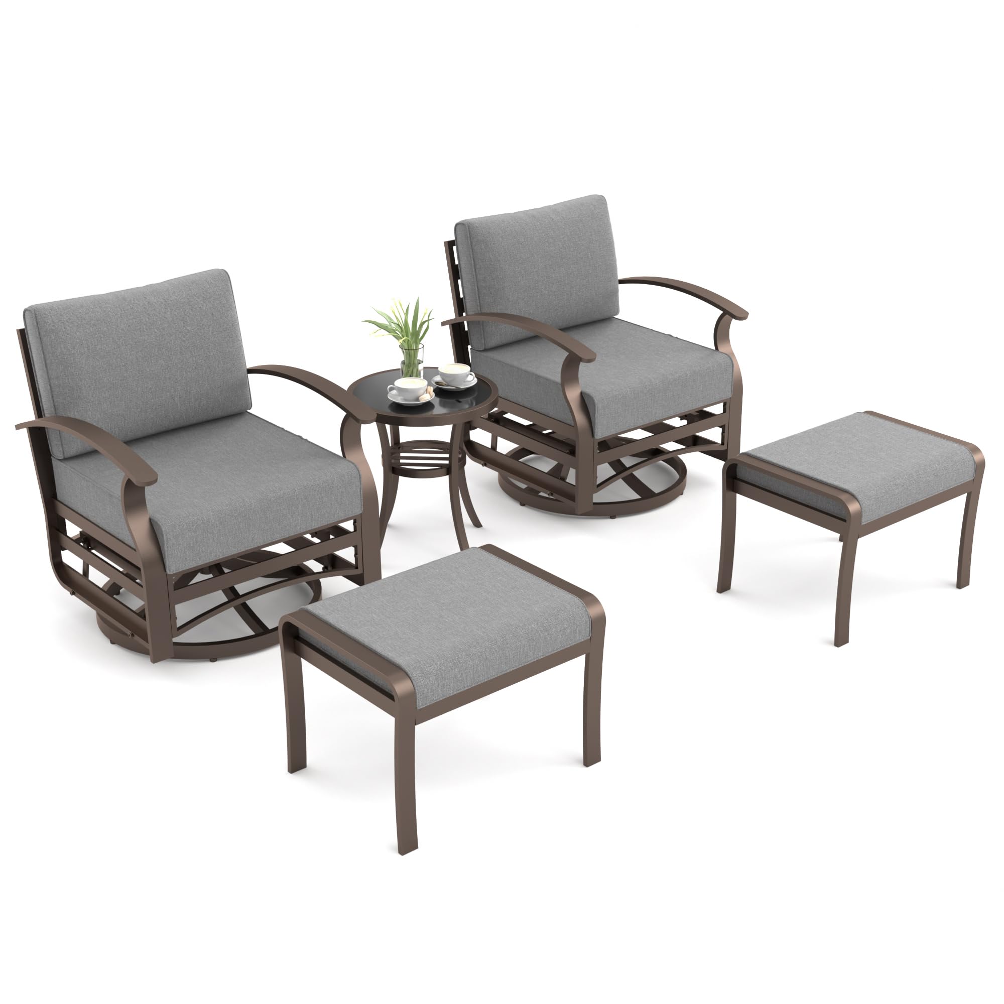 Gotland 5 Piece Patio Outdoor Aluminum Metal Swivel Rocking Chair with 2 Footstools, 1 Coffee Table and 2 Grey Padded Cushions Outdoor Metal Swivel Rocking Chair Furniture Conversation Set for Garden