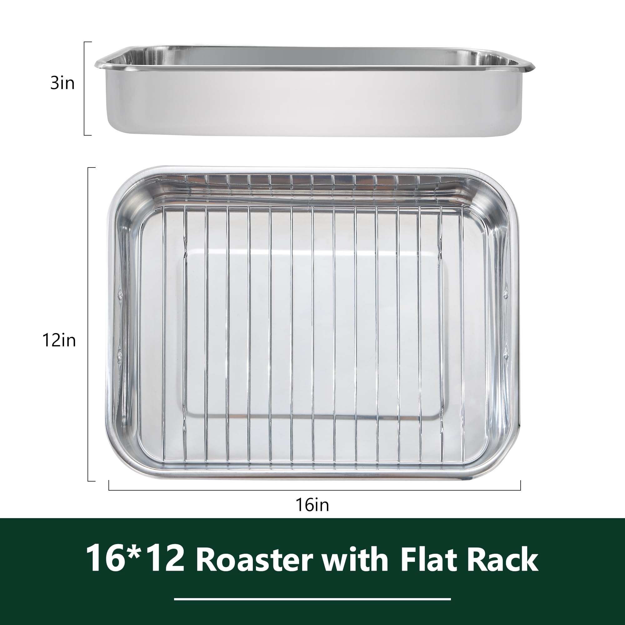 Stainless Steel Roaster with Flat Rack & Parchment Paper, 16.2 x 12.2 x 3 inches - Ideal Roasting Pan for Whole Turkey, Roasts, or Multiple Sides