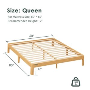 ZIYOO Queen Bed Frame 12 Inch Solid Wood Platform Bed with Metal Slats, Natural Bamboo，No Box Spring Needed, Easy Assembly, Heavy Duty Bed Frame，Free of Noise