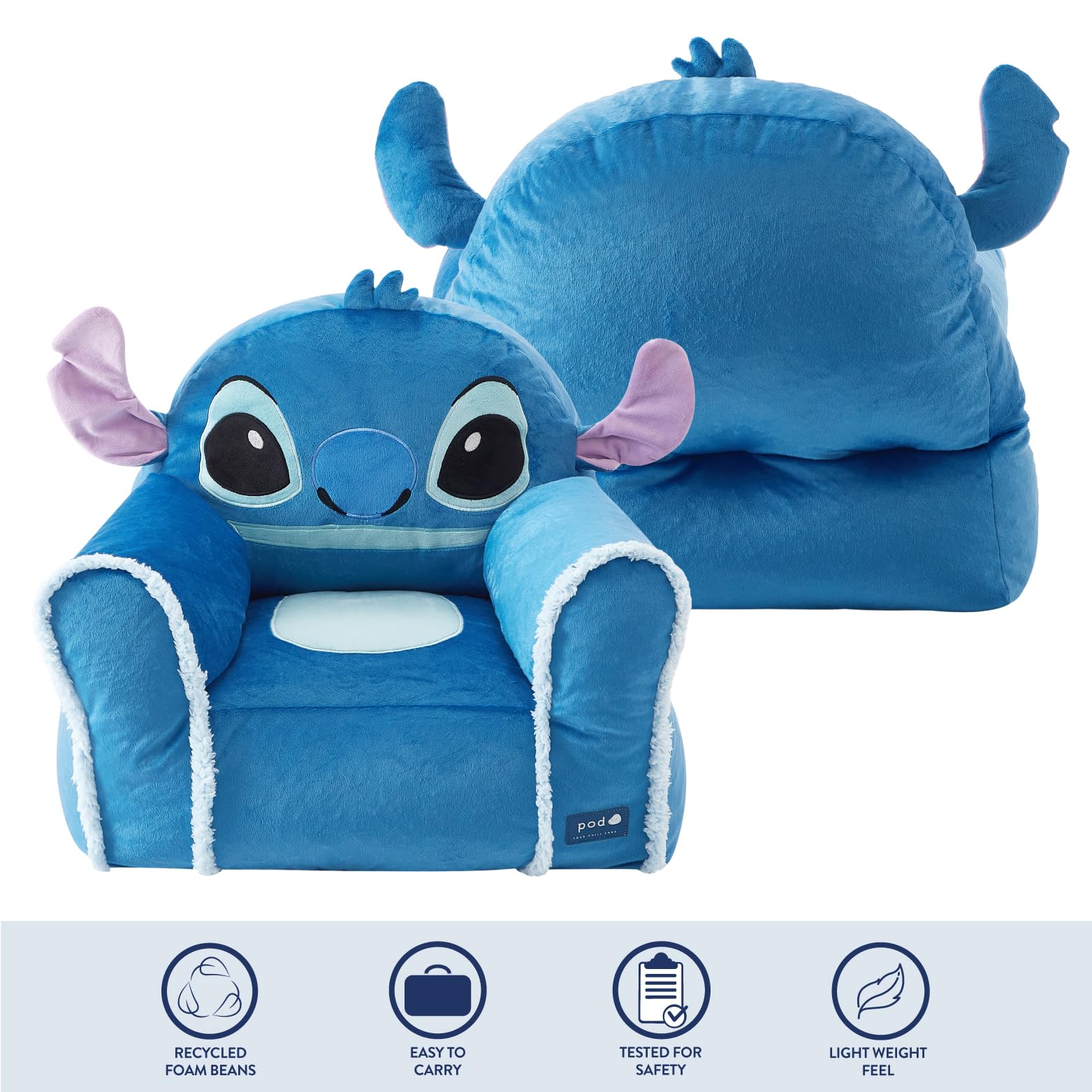 Idea Nuova Disney Stitch Figural Soft and Comfortable Structured Bean Bag Sofa Chair for Kids with Armrests,Ages 3+