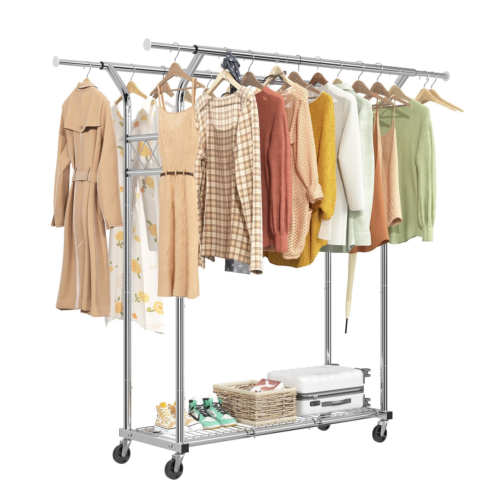 Simple Trending Heavy Duty Double Rod Clothes Rack Load 400 LBS, Metal Commercial Garment Rack, Standing Rolling Clothing Rack for Hanging Clothes with Sturdy Wheels & Shelves, Chrome