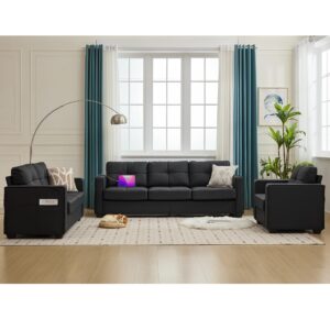 tyboatle black faux leather sofa couch sectional couches for living room, 3 piece living room set furniture comfy modular convertible sofas, home office sofa set for apartment small space (1+2+3)