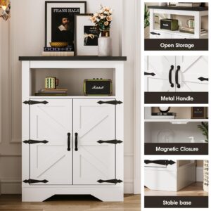 Maupvit White Farmhouse Storage Cabinet, Freestanding Bathroom Sideboard Buffet Cabinet with Doors & Open Storage, Floor Kitchen Pantry Cabinet Storage Organizer Cupboard for Living Room, Dining Room