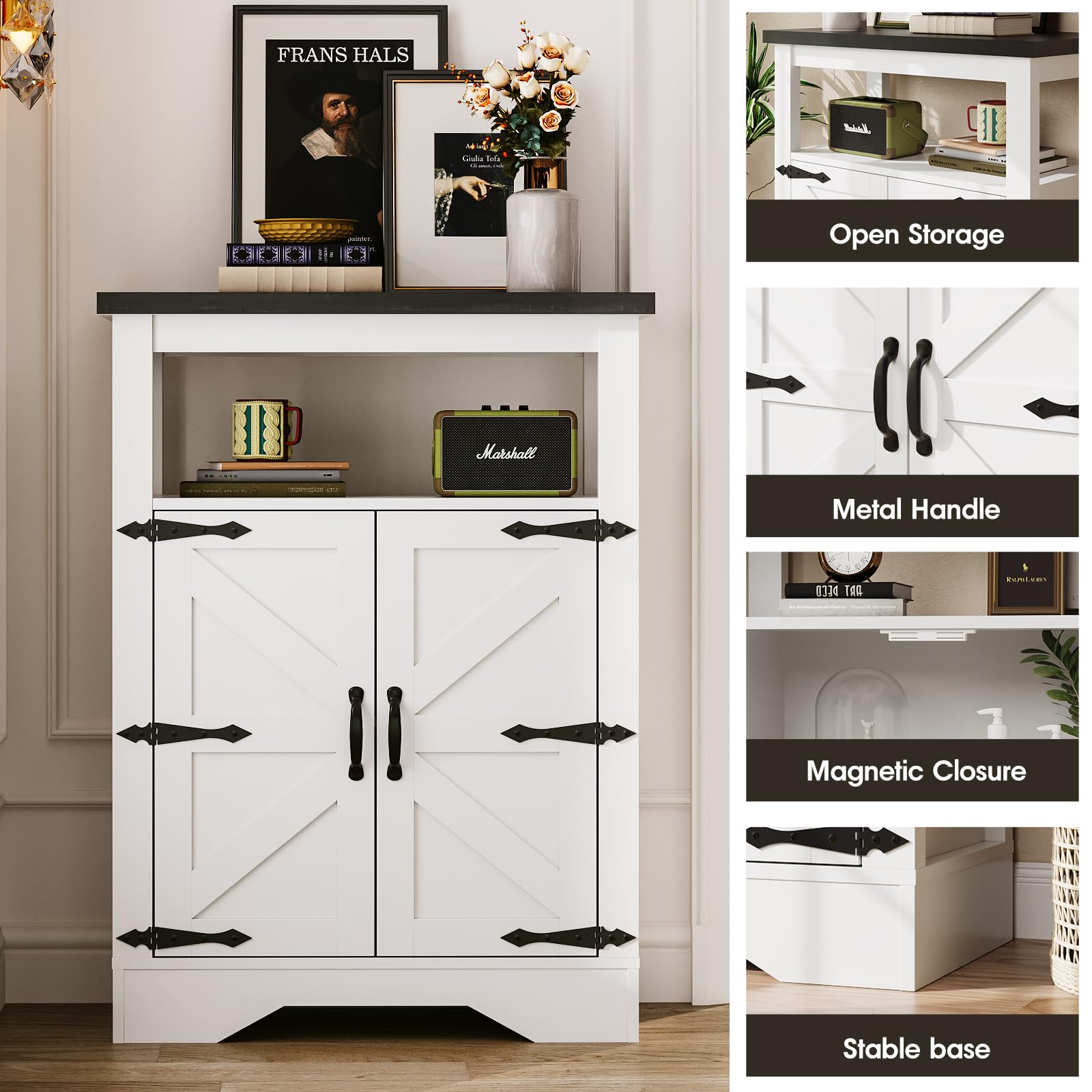 Maupvit White Farmhouse Storage Cabinet, Freestanding Bathroom Sideboard Buffet Cabinet with Doors & Open Storage, Floor Kitchen Pantry Cabinet Storage Organizer Cupboard for Living Room, Dining Room