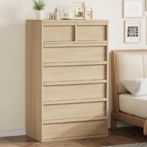 GarveeHome 7 Drawer Dresser for Bedroom, Modern 7 Chest of Drawers Tall with Spacious Storage, Freestanding Dresser Organizer for Bedroom, Living Room, Natural Oak