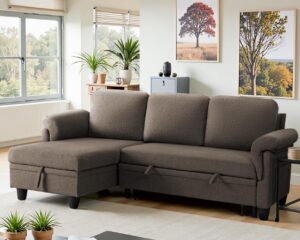 shahoo sofa bed l-shaped sectional couches,convertible couch, sleeper with pull out beds,storage chaise,for living room,apartment(cotton brown)