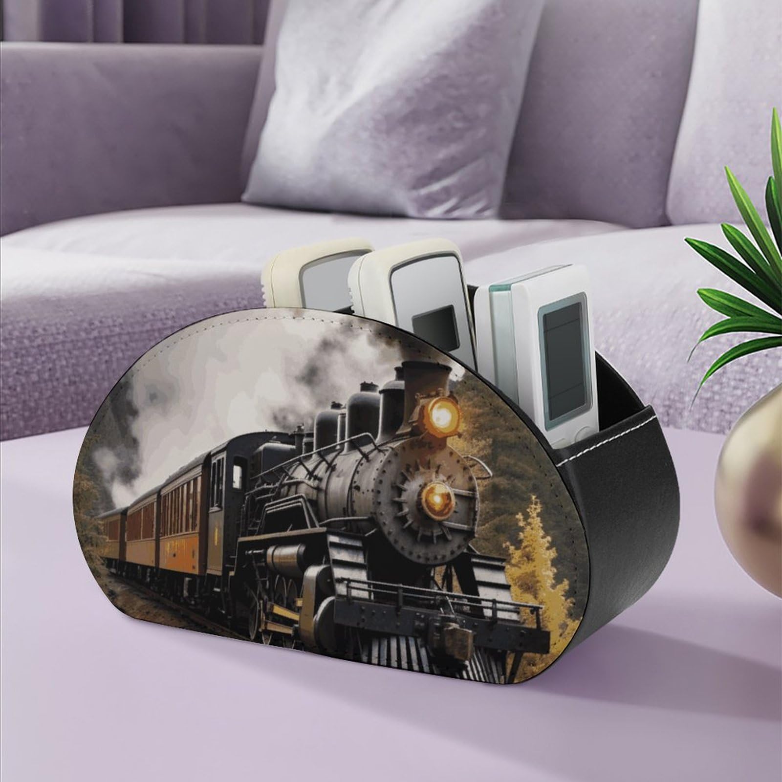 VFKLT Leather Remote Control Storage Box with 5 Compartments Double Sided Steam Train Printed Divided Organizer Store Controller Pen for Bedside Table Office