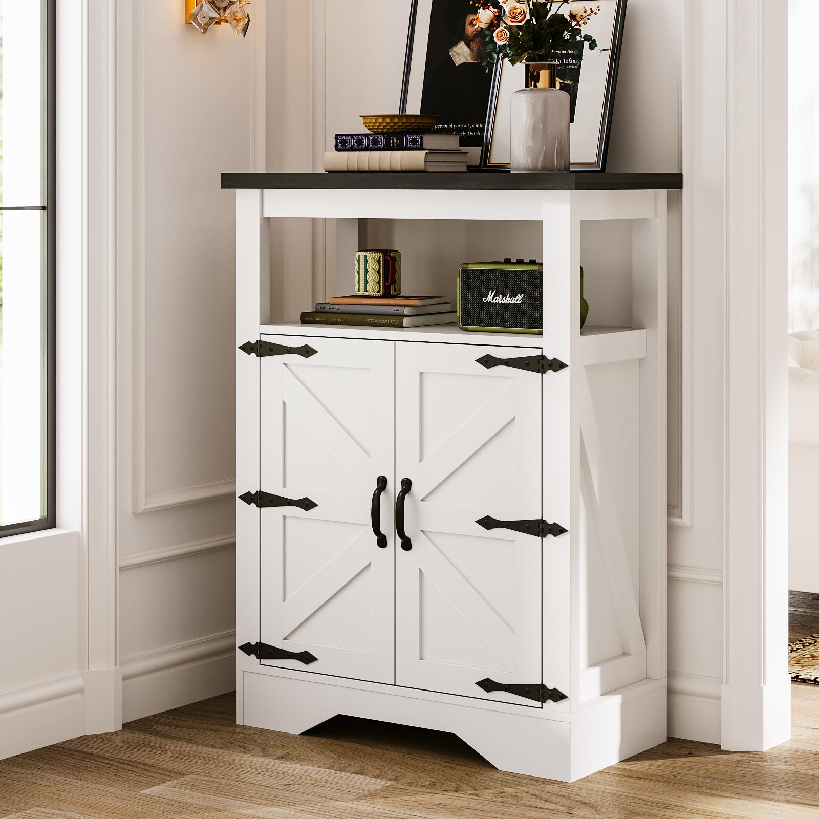 Maupvit White Farmhouse Storage Cabinet, Freestanding Bathroom Sideboard Buffet Cabinet with Doors & Open Storage, Floor Kitchen Pantry Cabinet Storage Organizer Cupboard for Living Room, Dining Room