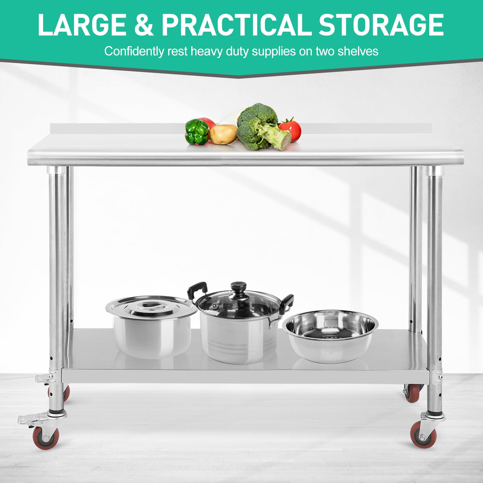 TrailBlaze Stainless Steel Work Table, 60x24x35 In Metal Trolley Heavy Duty Double Tier Worktable With Casters Backsplash, Food Prep Stainless Steel Table for Kitchen Restaurant Commercial Workstation