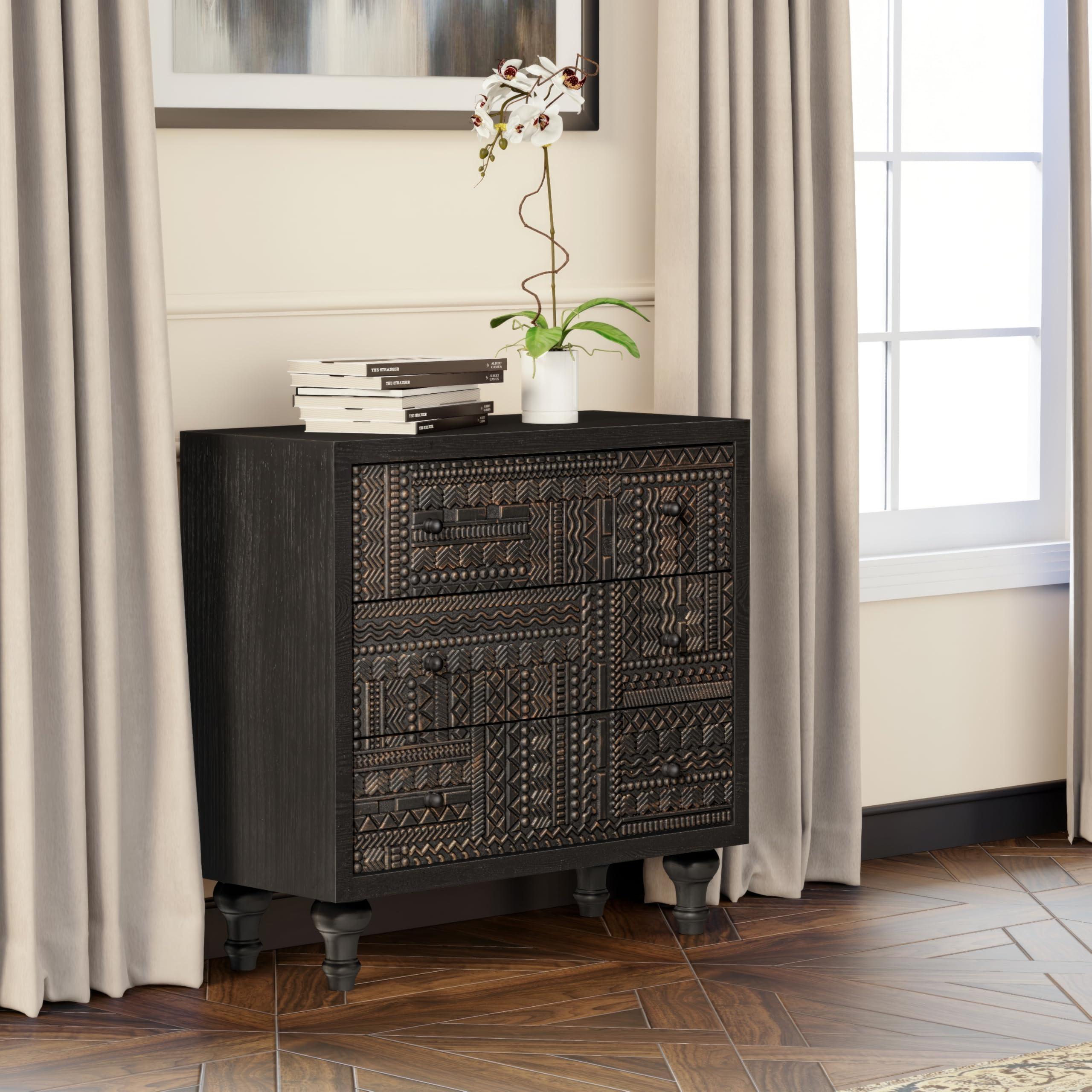 COZAYH 3 Drawer Farmhouse Dresser with Geometric Carved Pattern, Vintage Accent Wood Storage Chest Nightstand for Living Room, Bedroom, Boho, Mid-Century Modern, Black, Fully Assembled