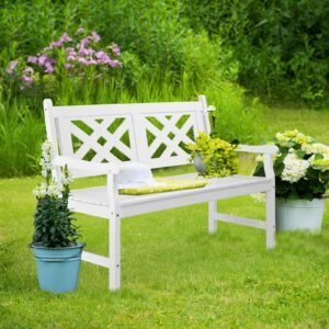 VINGLI Outdoor Bench Porch Bench, 47" Garden Bench Outdoor Wood Bench Patio Bench Entryway Bench for Yard Park, 800lb Capacity (White)